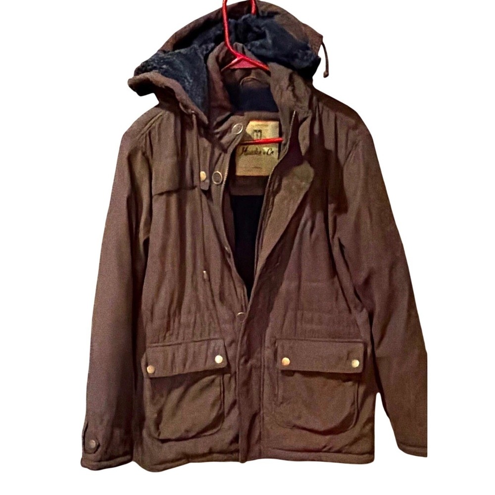 Mens Medium Jacket, Hawke & Co, Brown, Faux Fur Lined Hooded Parka HKC2891